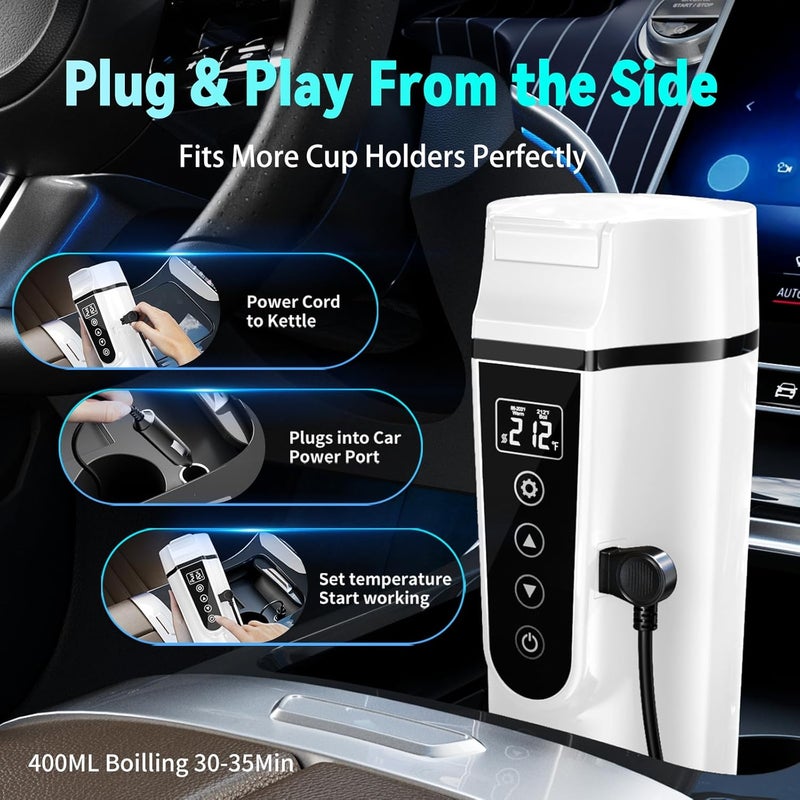 FVPE Car Electric Kettle for Travel : 12V/24V Small Electric Water Kettle, Multi-Temp Control 400 mL Portable Car Water Boiler for Brewing Coffee Tea,LCD Display 304 Stainless Steel Truck Heating Cup - Image 3